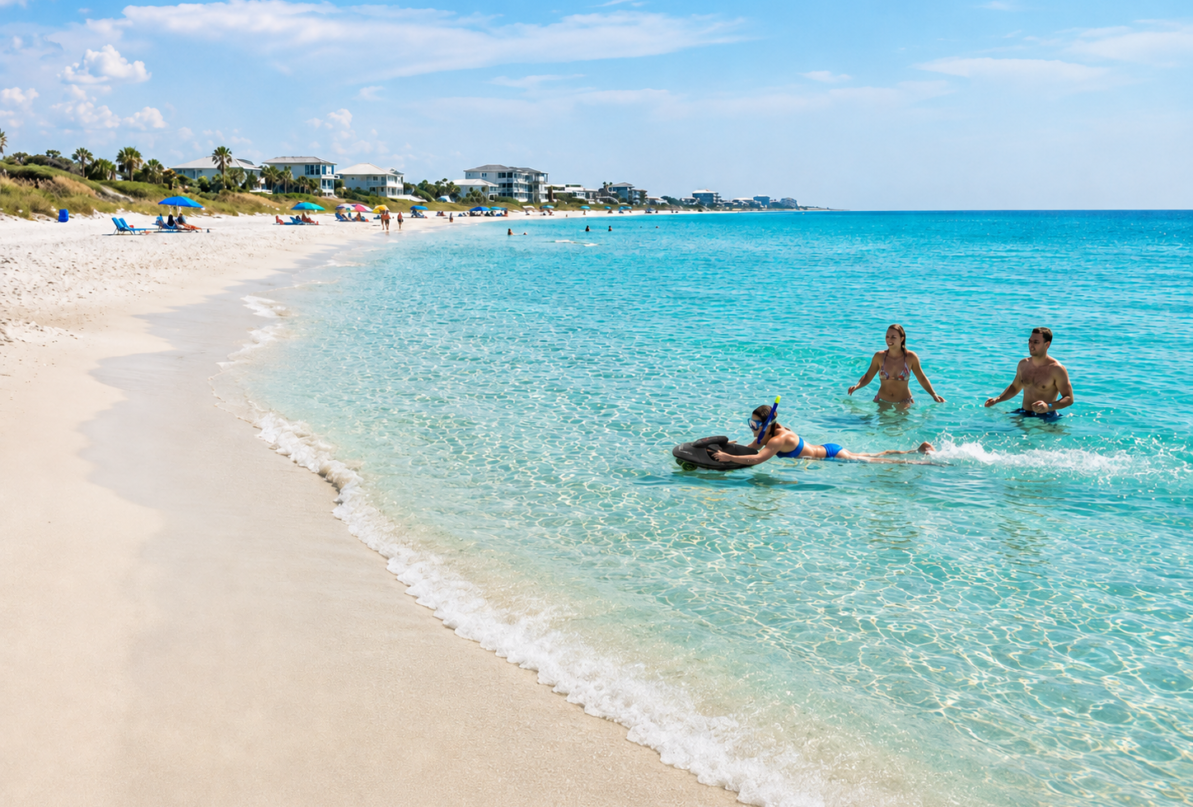 Family playing in the shallows on a Santa Rosa Beach shoreline